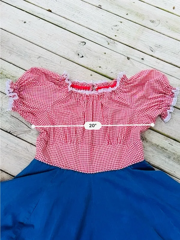 Handmade VINTAGE SQUARE DANCE PRAIRIE DRESS RED GINGHAM CHECKERED w DENIM Size 12/14 - Image 7