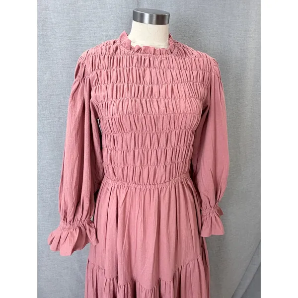BALILN Dusty Pink Linen Maxi Dress Smocked Long Puff Sleeve Tiered Boho XL - Image 2