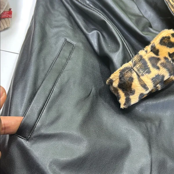 Leopard Print Lined Black Bomber Jacket Size L - Image 12