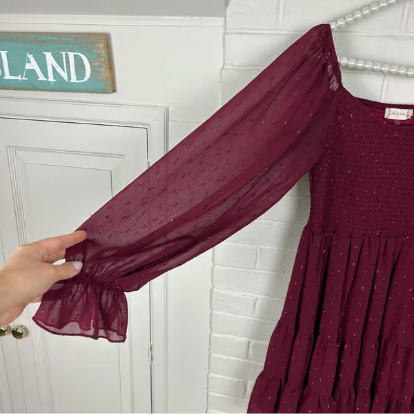 Altar’d State Shimmer Textured Smocked Tiered Long Sleeve Dress Size S - Image 8