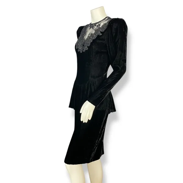 Vintage Scott McClintock Velvet Dress Lace Sequins Peplum‎ 80s 90s Drama Formal - Image 3