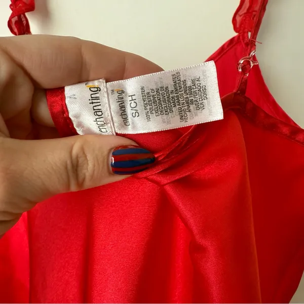 Vintage 00s Y2K Enchanting Red Satin Embroidered Ruffle Slip Dress S - Image 3