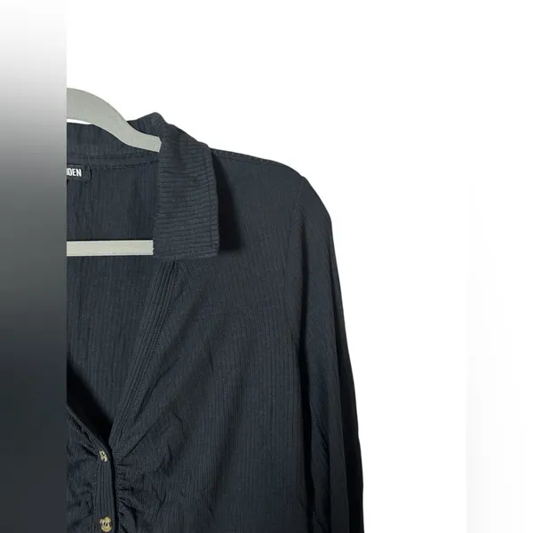 Steve‎ Madden Ribbed Ruched Button Down Long Sleeve Top Black Size M - Image 3