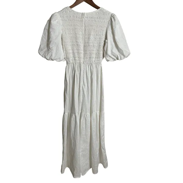 Dissh White 100% Linen Puff Sleeve Smocked Midi Dress Cottagecore Coastal US 6 - Image 2