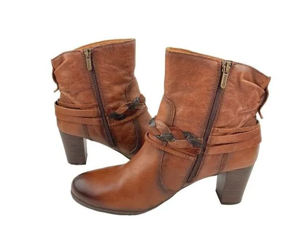 *Pikolinos Heeled Ankle Booties Womens Size 40 Brown Leather Zip Braided Strap - Image 4