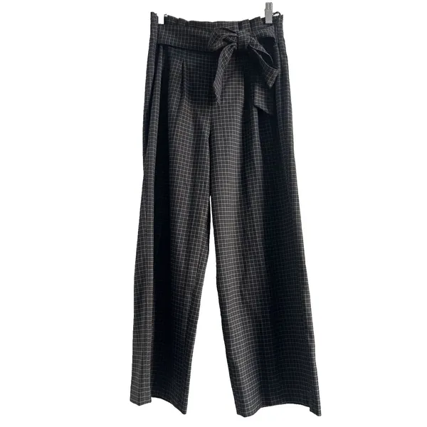 Zara Influencer Fave Plaid Wide Leg Cropped Trousers Pleated Tie Front Blue Chic Sz S - Image 3