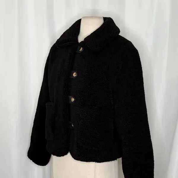 ZARA Black Sherpa Fuzzy Fleece Teddy‎ Coat Faux Shearling Snaps Pockets Small - Image 7