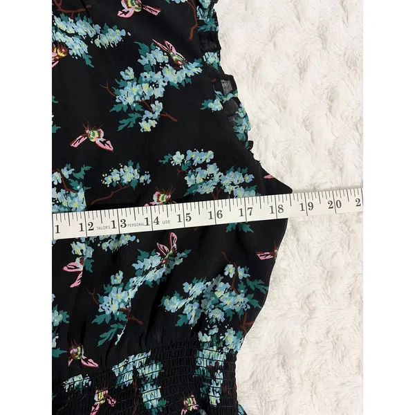 J. Crew Black Botanical Bees Print Smocked Waist Ruffle High Neck Midi Dress M - Image 7