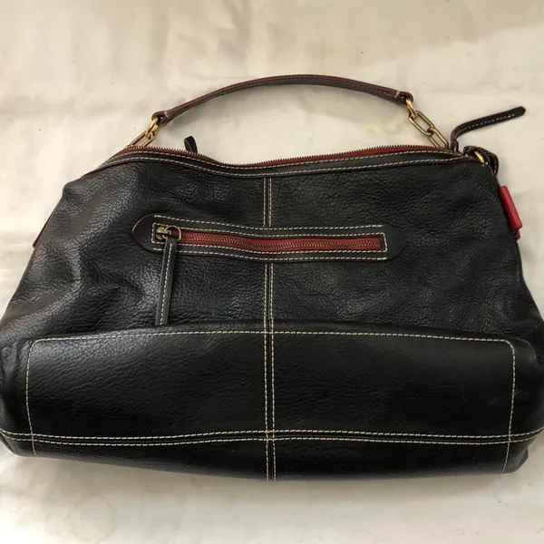 Black leather shoulder hand bag purse chain link strap. Measurements in pics - Image 2