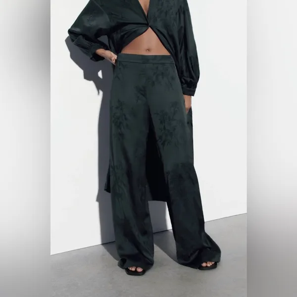 Zara Luxury Green‎ Bohemian Embroidered Satin Effect Wide Leg Lounge Pants Sz L - Image 2