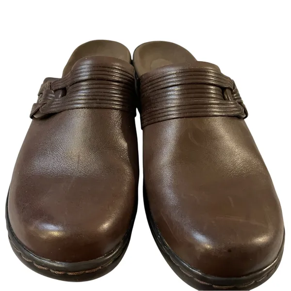 CLARKS Chocolate Dark Brown Leather Clog Mules Slides Shoes - Size 7 - Image 8