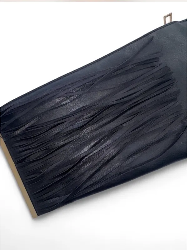 Ethele & Myrtle Inc Black Fringe Wristlet Clutch Boho Festival Y2K Gold Hardware - Image 3