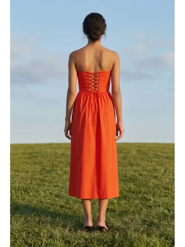 NWT Reformation Buckley in Paprika Red Organic Cotton Strapless Midi Dress 10 - Image 13