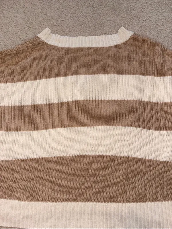 American Eagle V-Neck Striped Knit Sweater in Cream and Brown - Image 3