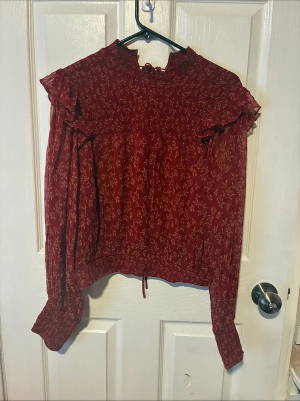 Free People Berry Red Roma Mock Neck Long Sleeved Floral Blouse Medium - Image 3