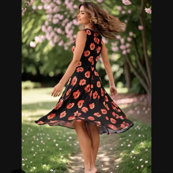 Talbots Coral Poppy Floral Cowl Neck Sleeveless Flare Midi Dress Size 10 - Image 3