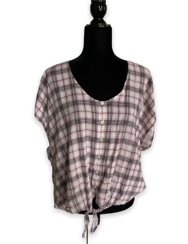 Torrid Womens Blouse 0 L 12 Berry Purple & Ivory Plaid Tie Front Midi Dolman NEW - Image 4