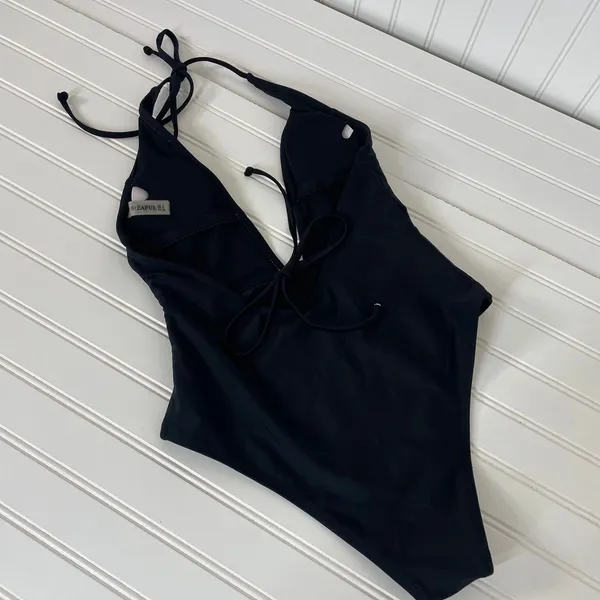 Zaful Black Plunged Neck Halter High Cut One Piece Swimsuit Size 4 - Image 3