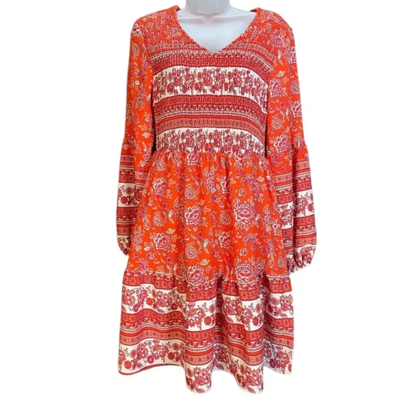 Beachsissi Boho Peasant Prairie Cottage Core Long Sleeve Smocked Beachy Dress M - Image 4