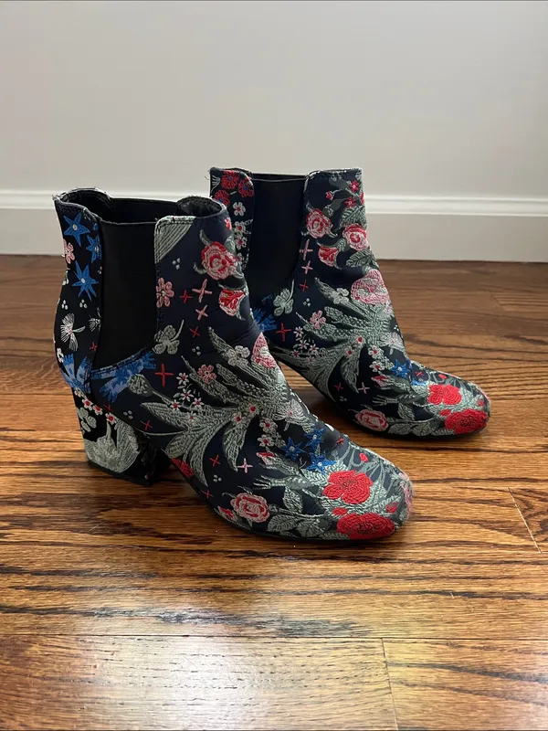 Floral Embroidered Black Ankle Boots - Women's - Image 6