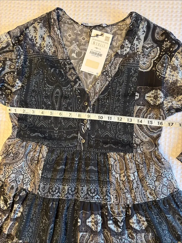 NEW! ZARA Black Gray Paisley Tiered Mini Dress SMALL Semi Sheer Balloon Sleeves - Image 10