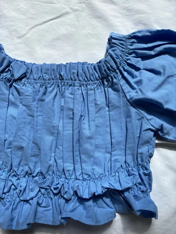 ZARA Blue Off-The-Shoulder Top with Puff Sleeves - Image 3