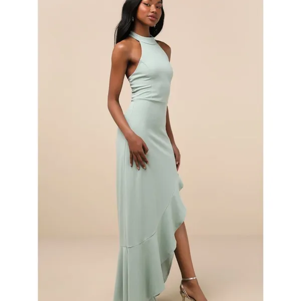 Lulus Majestic Perfection Sage Green Ruffled Halter Maxi Dress Size Medium Gala - Image 3
