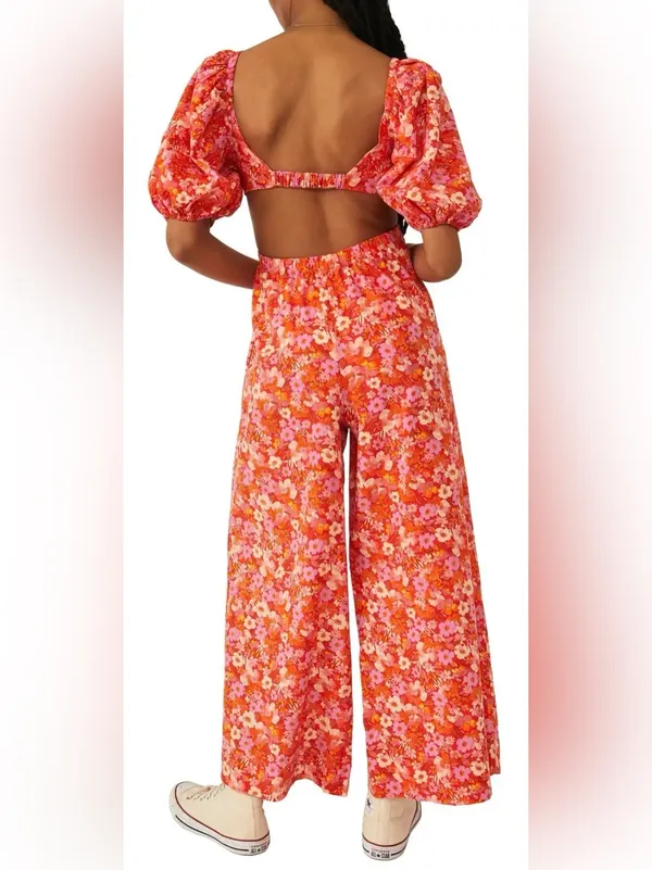 NEW FREE PEOPLE Amy Floral Cotton cutout Orange Jumpsuit sz M - Image 2