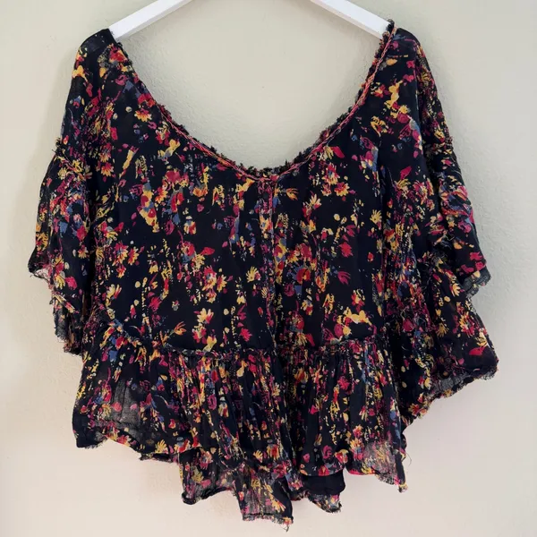 Free People Floral Gauze Cotton‎ Boho Peasant Top Oversized Ruffle Raw Sz Medium - Image 5