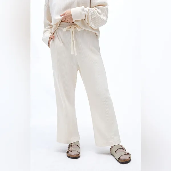 Charlie Holiday Journey Cream Waffle Knit Wide Leg Lounge Pants Drawstring - Image 2