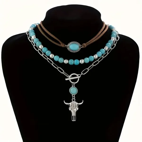 Turquoise and Silver Layered Necklace Set Blue - Image 7