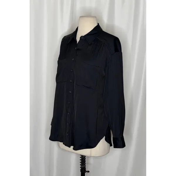 ANTHROPOLOGIE Black Satin Button Down Shirt Blouse Top Pockets Solid Small - Image 5