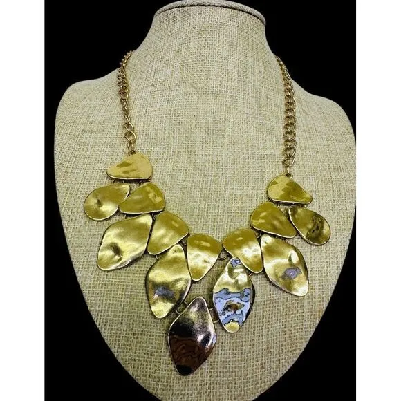 Hammered Like Flat Stones Gold Tone 16" Adjustable Necklace‎ Statement Piece - Image 3