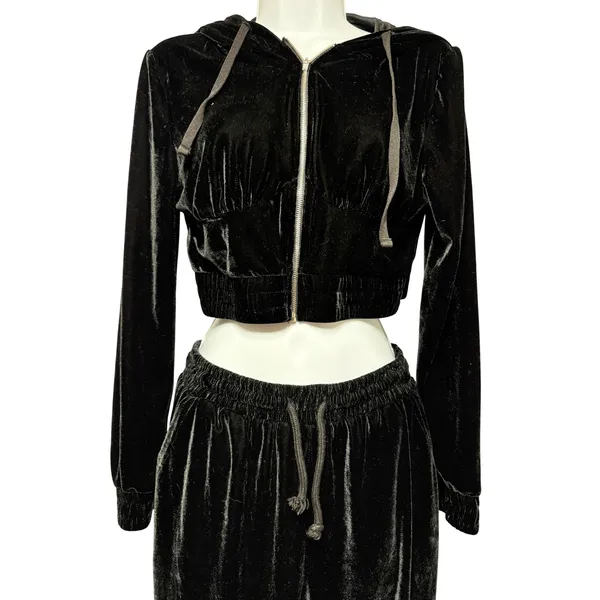 Black Velvet Tracksuit Set Size Medium‎ Crop Zip Hoodie Joggers Y2K Streetwear - Image 3