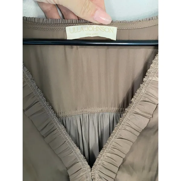 Ulla Johnson Taupe Ruched Ruffle Midi Dress Boho Size 8 - Image 5