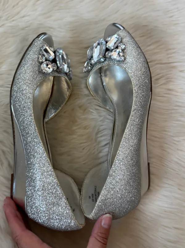 Silver Glitter Rhinestone Peep Toe Wedges - Image 7