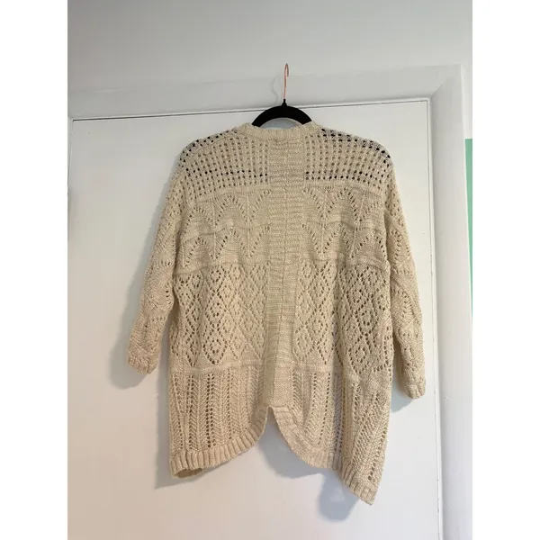 Pink Rose Cream Pointelle Knit Open Front Cardigan Sweater Medium Boho Ivory - Image 6