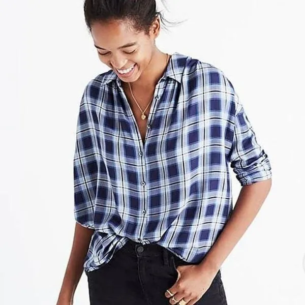 Madewell Central Lansford Navy Blue & White Plaid Long Sleeve Button Up Shirt M - Image 3