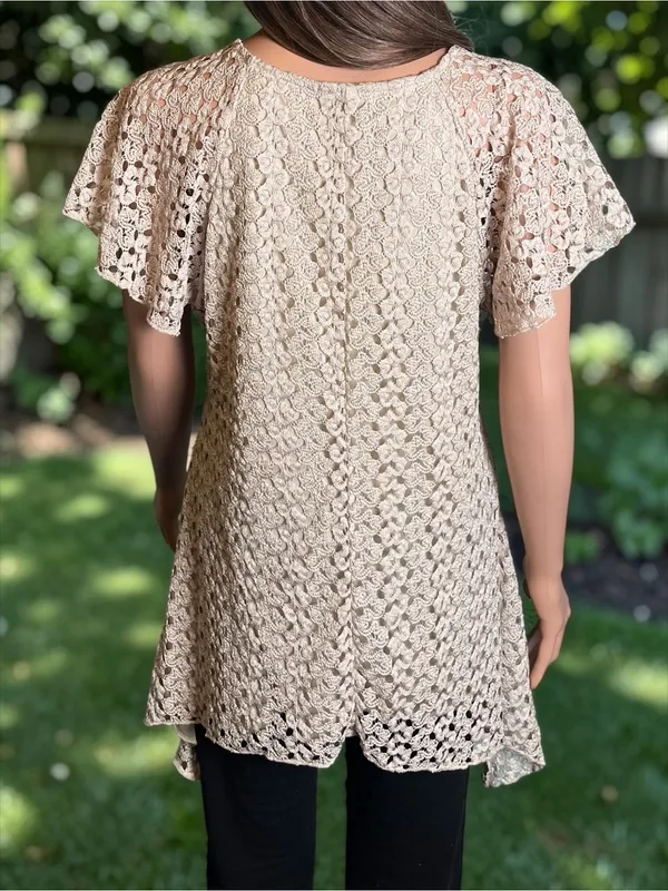 DressBarn Crochet Lace Tunic Top Large Beige Boho Swing Handkerchief Hem - Image 4
