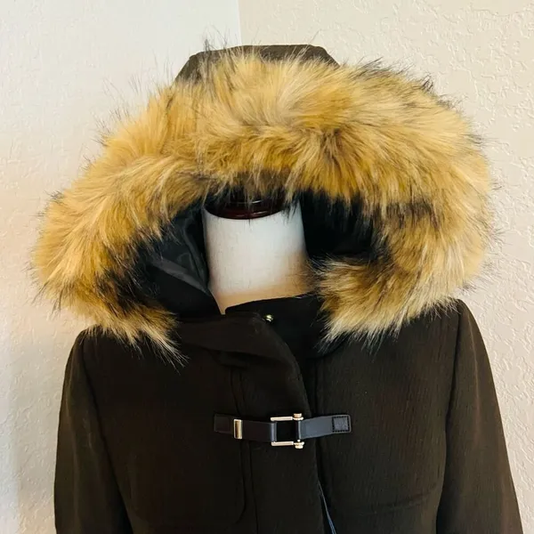 Cole Haan Wool Blend Faux Fur Trim Hooded Coat, Brown, Size 4, NWT‎ - Image 2