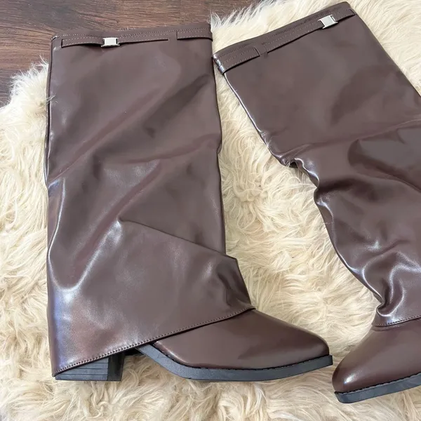 Dark Brown Chunky Slouchy Fold-over Metal Detail Boots EU 41 / US 10 - Image 2