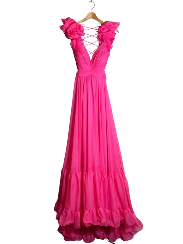 Mac Duggal Ruffle Tiered Cut-Out Chiffon Gown Womens 4 Hot Pink Formal 67911 NWT - Image 5