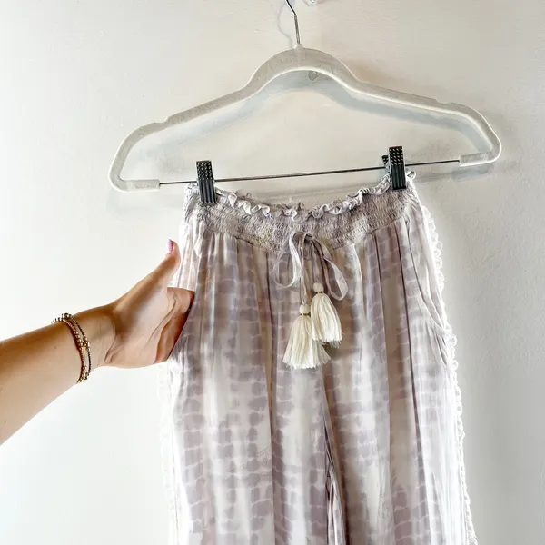Surf Gypsy Tie Dye Smocked Drawstring Crochet Hem Wide Leg Pants White Purple - Image 4