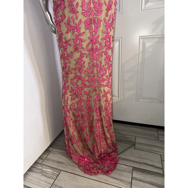 Sherri Hill 54250 One Shoulder Beaded Prom Gown Pink Nude Size 8 Dress - Image 12