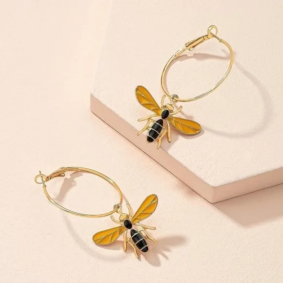 Bee Dangle Hoop Earrings Gold Insect Drop Statement Enamel Jewelry Gift‎ new - Image 2