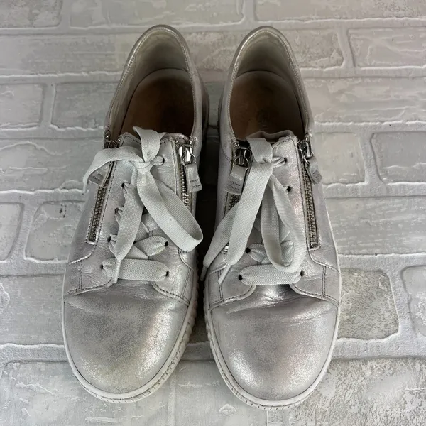 Gabor Platform Sneakers Womens 8 Silver Leather Metallic Lace Up Zip Comfort - Image 2