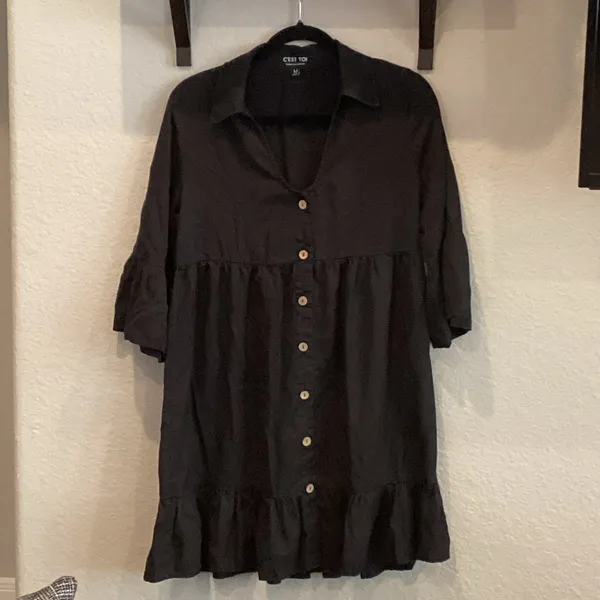 C'est Toi Flounce black 3/4 sleeve tiered Button down casual Swing Dress - Image 9