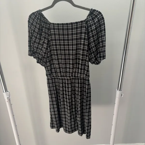LOFT Black and White Plaid Surplice Dress - Image 7