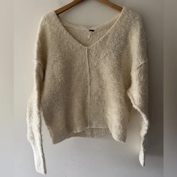 Free People Fuzzy‎ Soft Ivory V Neck Sweater - Image 2
