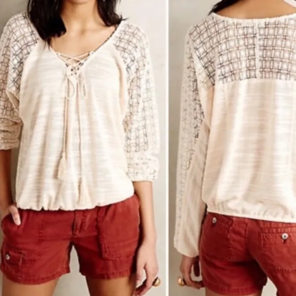 Anthropologie Meadow Rue Cream Lace Detail Blouse - Image 2